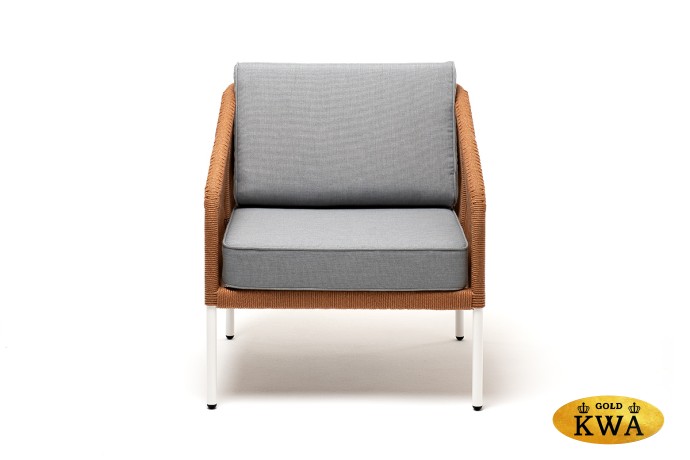 "Канны" кресло плетеное из роупа, каркас алюминий светло-серый (RAL7035) муар, роуп оранжевый меланж круглый, ткань светло-серая