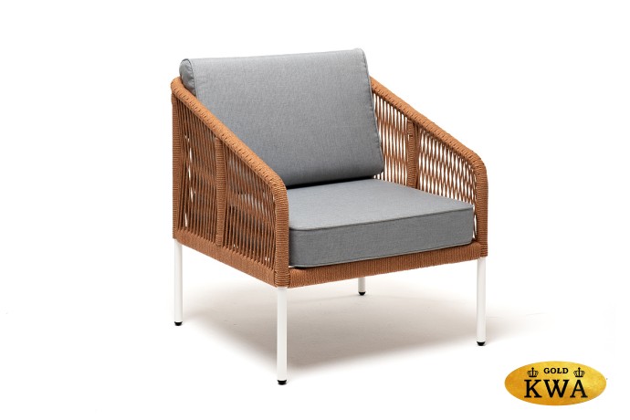 "Канны" кресло плетеное из роупа, каркас алюминий светло-серый (RAL7035) муар, роуп оранжевый меланж круглый, ткань светло-серая