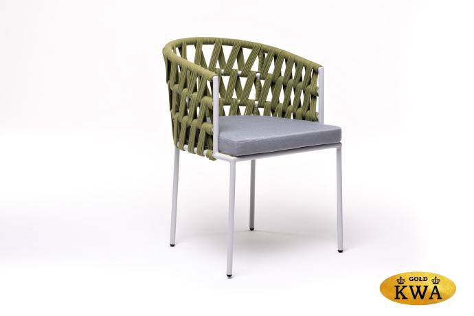 "Диего" стул плетеный из роупа, каркас из стали светло-серый (RAL7035) шагрень, роуп салатовый меланж круглый, ткань светло-серая