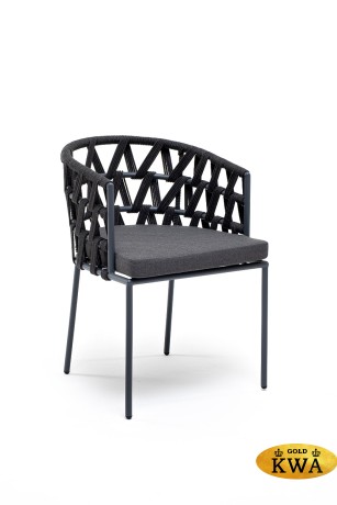 "Диего" стул плетеный из роупа, каркас из стали серый (RAL7022), роуп темно-серый круглый, ткань серая