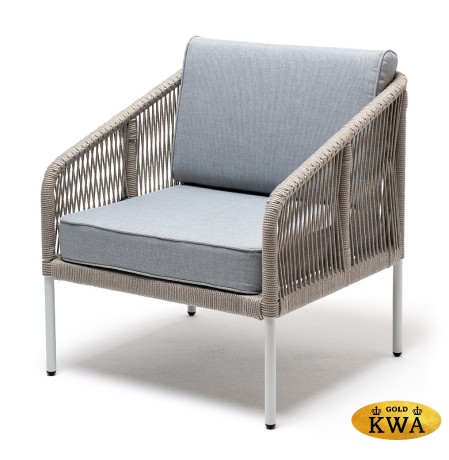 "Канны" кресло плетеное из роупа, каркас алюминий светло-серый (RAL7035) шагрень, роуп серый меланж круглый, ткань светло-серая