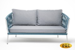 &quot;Диего&quot; диван 2-местный плетеный из роупа, каркас алюминий светло-серый (RAL7035) шагрень, роуп бирюзовый круглый, ткань светло-серая