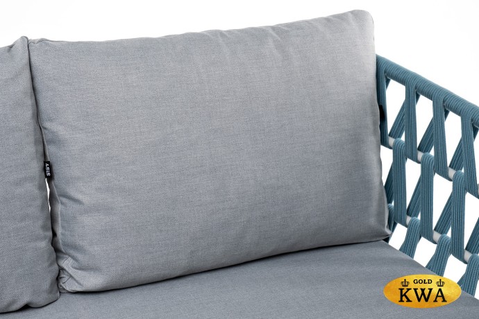 "Диего" диван 2-местный плетеный из роупа, каркас алюминий светло-серый (RAL7035) шагрень, роуп бирюзовый круглый, ткань светло-серая