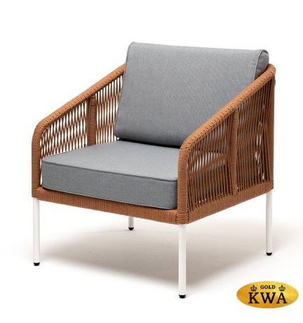 "Канны" кресло плетеное из роупа, каркас алюминий светло-серый (RAL7035) шагрень, роуп оранжевый меланж круглый, ткань светло-серая