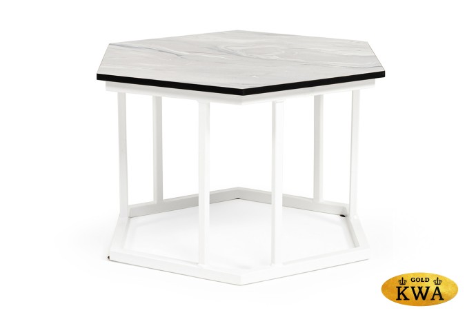 "Женева" интерьерный стол из HPL шестиугольный, D50, H35, цвет "мрамор пепел", каркас из стали белый муар