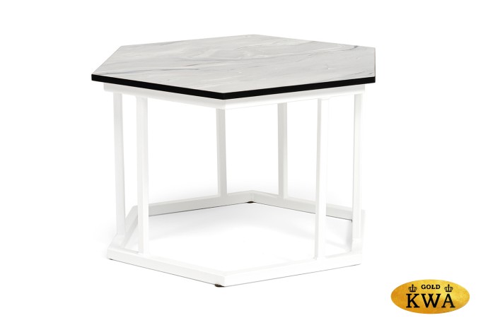 "Женева" интерьерный стол из HPL шестиугольный, D50, H35, цвет "мрамор пепел", каркас из стали белый муар