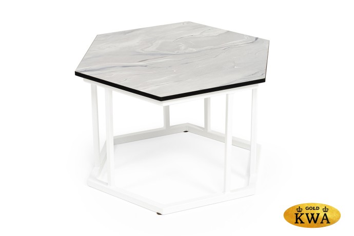 "Женева" интерьерный стол из HPL шестиугольный, D50, H35, цвет "мрамор пепел", каркас из стали белый муар