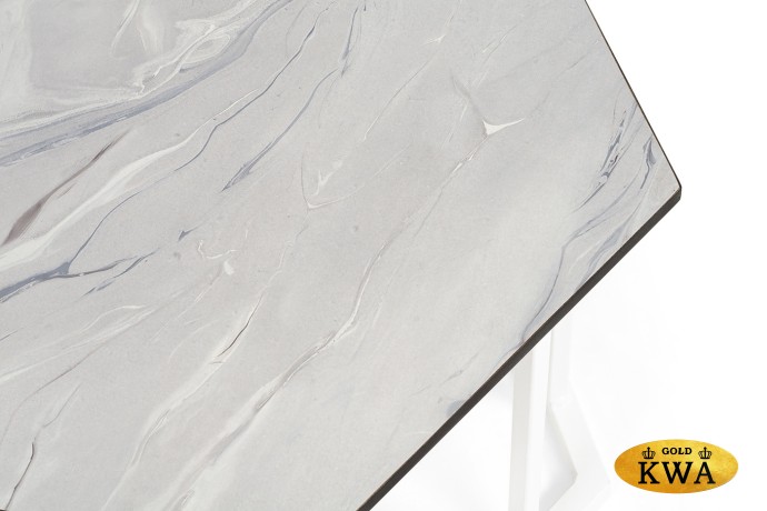 "Женева" интерьерный стол из HPL шестиугольный, D50, H35, цвет "мрамор пепел", каркас из стали белый муар