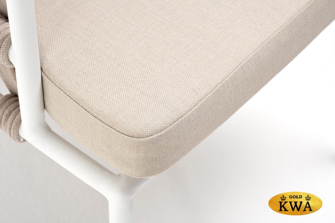 "Диего" стул плетеный из роупа, каркас из стали белый, роуп бежевый круглый, ткань бежевая