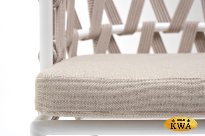 "Диего" стул плетеный из роупа, каркас из стали белый, роуп бежевый круглый, ткань бежевая