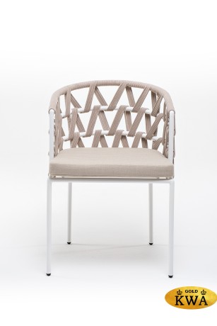 "Диего" стул плетеный из роупа, каркас из стали белый, роуп бежевый круглый, ткань бежевая