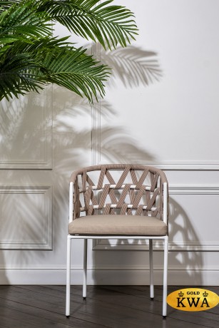 "Диего" стул плетеный из роупа, каркас из стали белый, роуп бежевый круглый, ткань бежевая