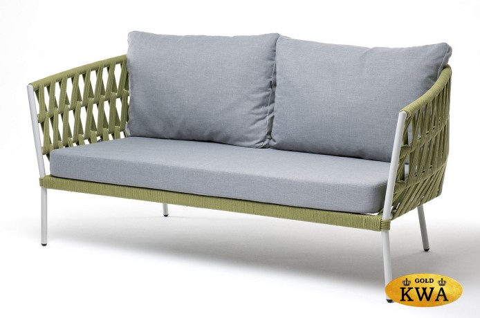 "Диего" диван 2-местный плетеный из роупа, каркас алюминий светло-серый (RAL7035) шагрень, роуп салатовый меланж круглый, ткань светло-серая