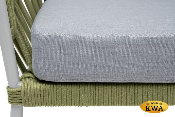 "Диего" диван 2-местный плетеный из роупа, каркас алюминий светло-серый (RAL7035) шагрень, роуп салатовый меланж круглый, ткань светло-серая