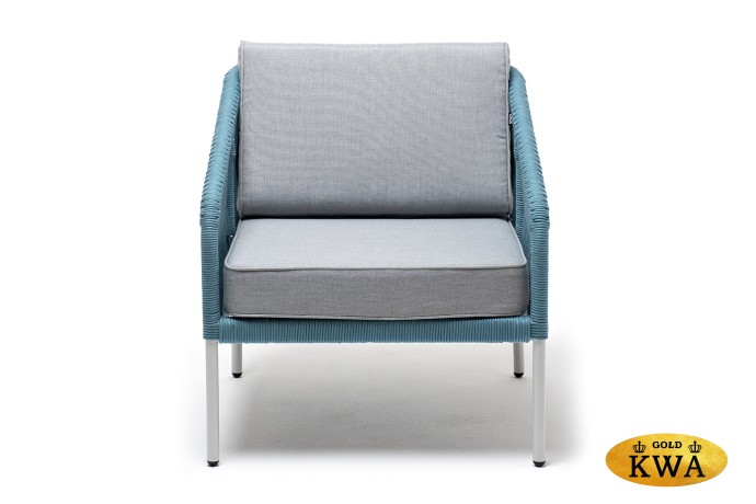 "Канны" кресло плетеное из роупа, каркас алюминий светло-серый (RAL7035) шагрень, роуп бирюзовый круглый, ткань светло-серая