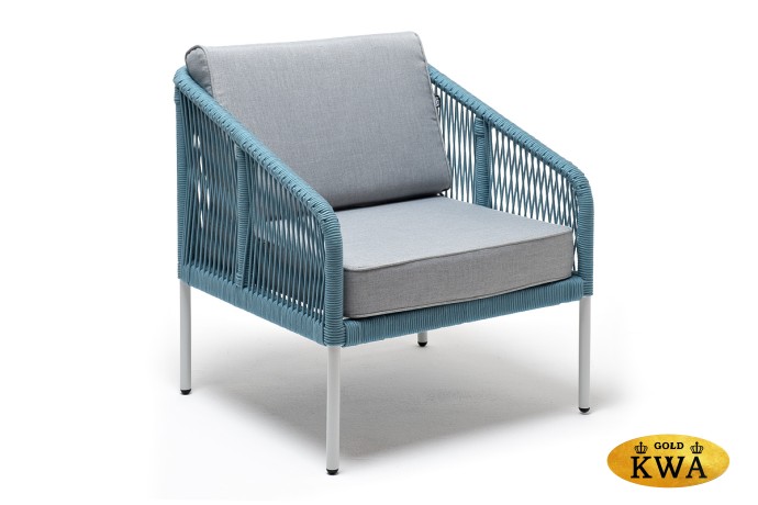 "Канны" кресло плетеное из роупа, каркас алюминий светло-серый (RAL7035) шагрень, роуп бирюзовый круглый, ткань светло-серая