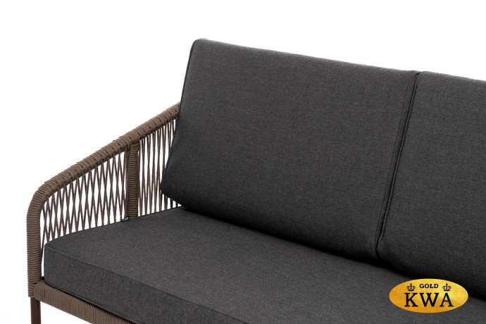 "Канны" диван 2-местный плетеный из роупа, каркас алюминий коричневый (RAL8016) муар, роуп коричневый круглый, ткань темно-серая 027