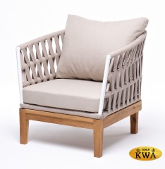 &quot;Диего&quot; кресло плетеное из роупа, основание дуб, каркас алюминий светло-серый (RAL7035) шагрень, роуп бежевый круглый, ткань бежевая 052