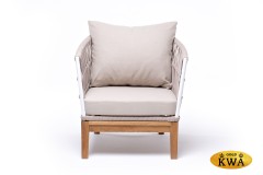 &quot;Диего&quot; кресло плетеное из роупа, основание дуб, каркас алюминий светло-серый (RAL7035) шагрень, роуп бежевый круглый, ткань бежевая 052