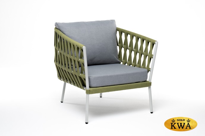 "Диего" кресло плетеное из роупа, каркас алюминий светло-серый (RAL7035) шагрень, роуп салатовый меланж круглый, ткань светло-серая