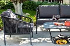 &quot;Канны&quot; кресло плетеное из роупа, каркас алюминий темно-серый (RAL7024) шагрень, роуп темно-серый круглый, ткань Savana Grafit