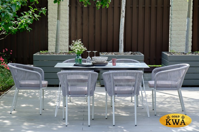 "Марсель" стул плетеный из роупа, каркас алюминий белый шагрень, роуп светло-серый круглый, ткань светло-серая