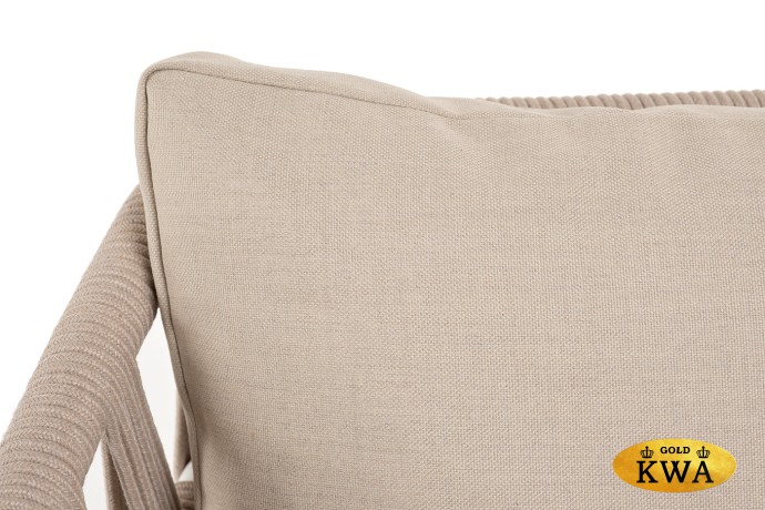 "Диего" диван 2-местный плетеный из роупа, основание дуб, каркас алюминий светло-серый (RAL7035) шагрень, роуп бежевый круглый, ткань бежевая 052