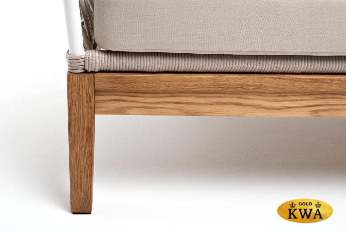 "Диего" диван 2-местный плетеный из роупа, основание дуб, каркас алюминий светло-серый (RAL7035) шагрень, роуп бежевый круглый, ткань бежевая 052