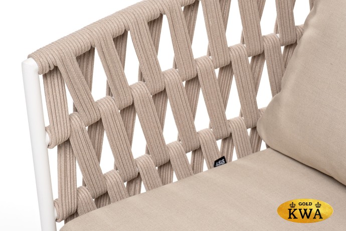 "Диего" диван 2-местный плетеный из роупа, основание дуб, каркас алюминий светло-серый (RAL7035) шагрень, роуп бежевый круглый, ткань бежевая 052