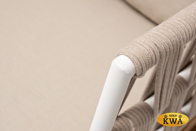 "Диего" диван 2-местный плетеный из роупа, основание дуб, каркас алюминий светло-серый (RAL7035) шагрень, роуп бежевый круглый, ткань бежевая 052