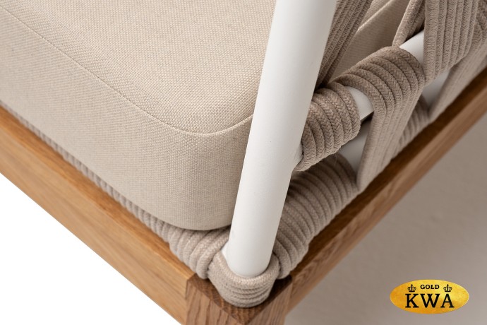 "Диего" диван 2-местный плетеный из роупа, основание дуб, каркас алюминий светло-серый (RAL7035) шагрень, роуп бежевый круглый, ткань бежевая 052