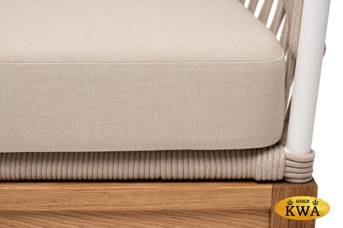 "Диего" диван 2-местный плетеный из роупа, основание дуб, каркас алюминий светло-серый (RAL7035) шагрень, роуп бежевый круглый, ткань бежевая 052