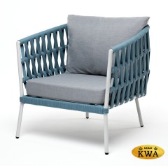 &quot;Диего&quot; кресло плетеное из роупа, каркас алюминий светло-серый (RAL7035) шагрень, роуп бирюзовый круглый, ткань светло-серая