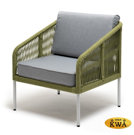 "Канны" кресло плетеное из роупа, каркас алюминий светло-серый (RAL7035) муар, роуп салатовый меланж круглый, ткань светло-серая