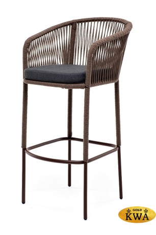 "Марсель" стул барный плетеный из роупа, каркас из стали коричневый (RAL8016) муар, роуп коричневый круглый, ткань темно-серая 027
