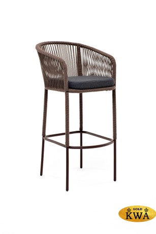 "Марсель" стул барный плетеный из роупа, каркас из стали коричневый (RAL8016) муар, роуп коричневый круглый, ткань темно-серая 027