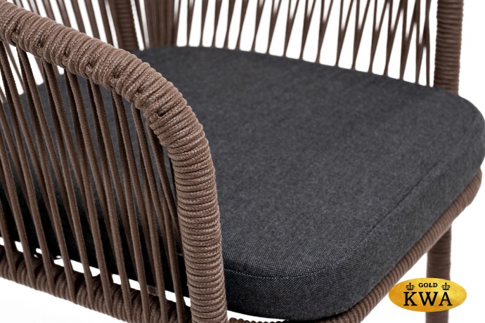 "Марсель" стул барный плетеный из роупа, каркас из стали коричневый (RAL8016) муар, роуп коричневый круглый, ткань темно-серая 027