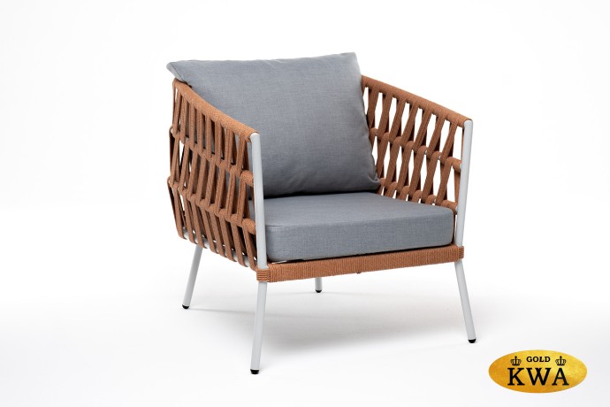 "Диего" кресло плетеное из роупа, каркас алюминий светло-серый (RAL7035) шагрень, роуп оранжевый меланж круглый, ткань светло-серая