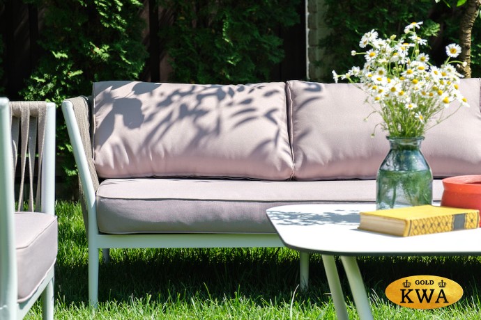 "Касабланка" диван 3-местный плетеный из роупа, каркас алюминий белый, роуп бежевый 20мм, ткань бежевая