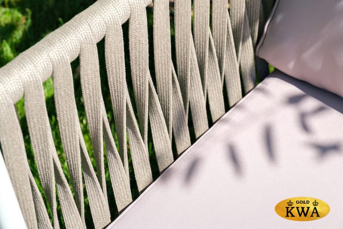 "Касабланка" диван 3-местный плетеный из роупа, каркас алюминий белый, роуп бежевый 20мм, ткань бежевая