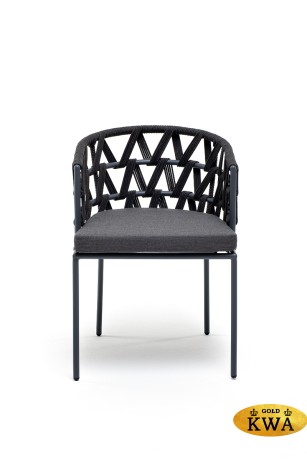 "Диего" стул плетеный из роупа, каркас из стали серый (RAL7022) муар, роуп темно-серый круглый, ткань темно-серая 027