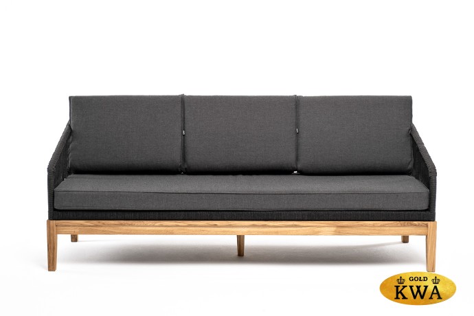 "Канны" диван 3-местный плетеный из роупа, основание дуб, роуп темно-серый круглый, ткань темно-серая 027