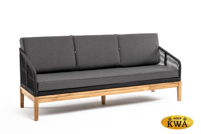 "Канны" диван 3-местный плетеный из роупа, основание дуб, роуп темно-серый круглый, ткань темно-серая 027