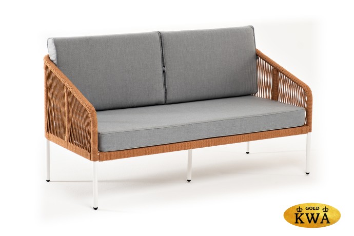"Канны" диван 2-местный плетеный из роупа, каркас алюминий белый шагрень, роуп оранжевый меланж круглый, ткань светло-серая