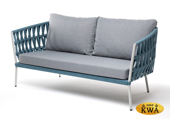 "Диего" диван 2-местный плетеный из роупа, каркас алюминий светло-серый (RAL7035) муар, роуп бирюзовый круглый, ткань светло-серая
