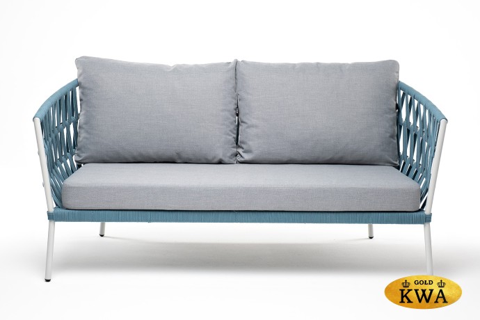 "Диего" диван 2-местный плетеный из роупа, каркас алюминий светло-серый (RAL7035) муар, роуп бирюзовый круглый, ткань светло-серая