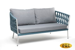 "Диего" диван 2-местный плетеный из роупа, каркас алюминий светло-серый (RAL7035) муар, роуп бирюзовый круглый, ткань светло-серая