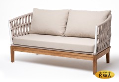 &quot;Диего&quot; диван 2-местный плетеный из роупа, основание дуб, каркас алюминий светло-серый (RAL7035) муар, роуп бежевый круглый, ткань бежевая 052