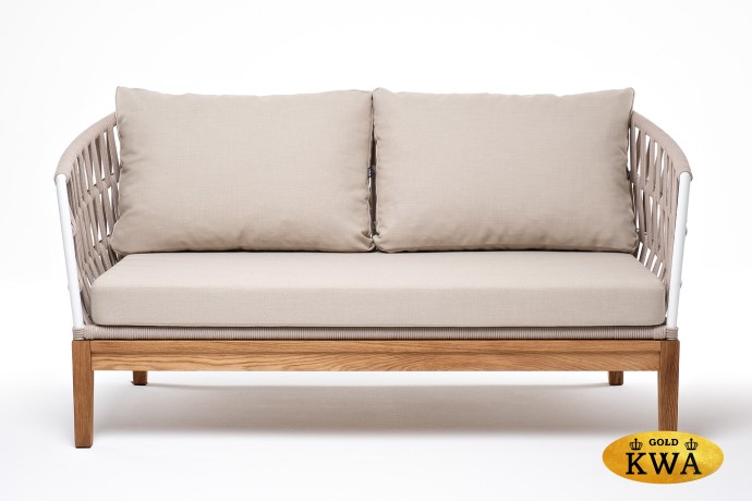 "Диего" диван 2-местный плетеный из роупа, основание дуб, каркас алюминий светло-серый (RAL7035) муар, роуп бежевый круглый, ткань бежевая 052