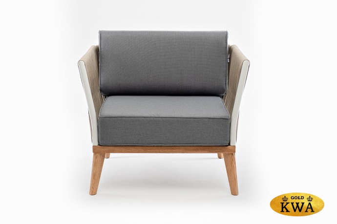 "Касабланка" кресло плетеное из роупа, основание дуб, каркас алюминий светло-серый (RAL7035) муар, роуп серо-коричневый 23мм, ткань серая